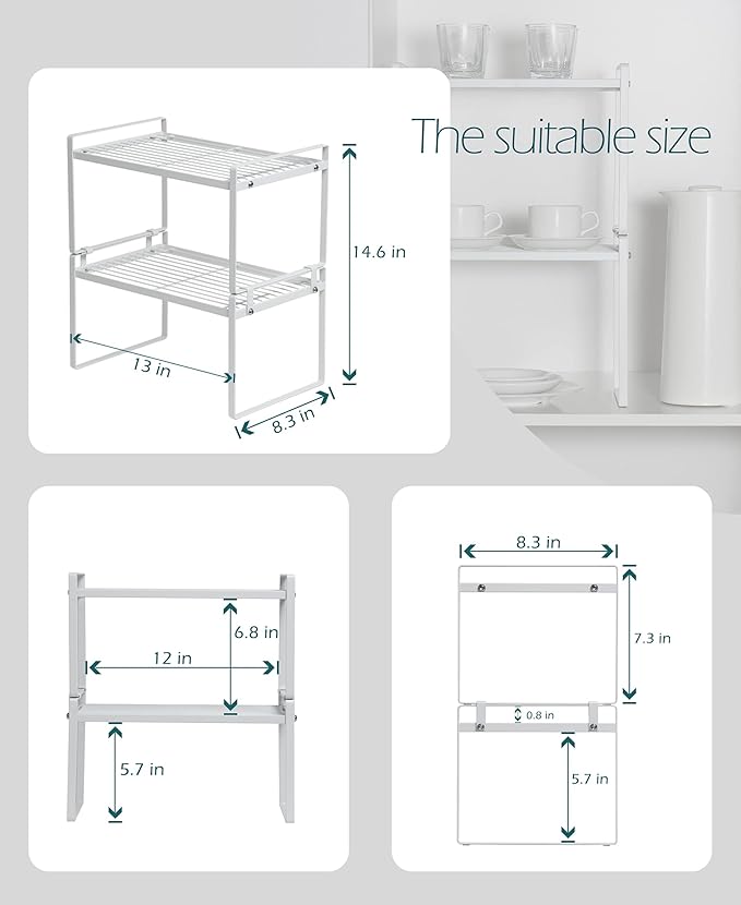 Shantton 2 Pack Kitchen Cabinet Shelf Counter Organizer Rack Pantry Storage Bathroom Bedroom Office Table Desk Space Saving Steel Frame Stackable Rust Resistant Non Slip White