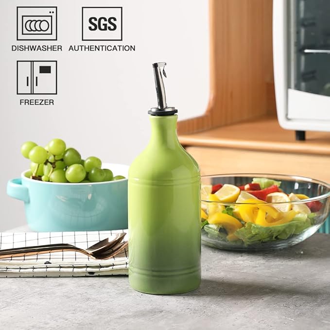 Sweejar Ceramic Olive Oil Dispenser Bottle, Opaque Oil Cruet Protects to Reduce Oxidation, Suitable for Storage Vinegar, Coffee Syrups & Other Liquids, Pack of 1, 15.5 Fl Oz(Gradient Green)