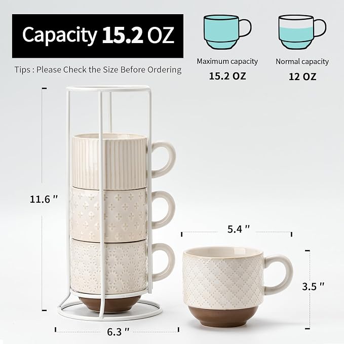 Large Ceramic Coffee Mug Set of 4 with Stand, 15 Oz Stackable Different Embossment Ribbed Latte Cup Set for Cappuccino, Tea, Hot Cocoa, Drinks - Dishwasher & Microwave Safe, Aged Ivory