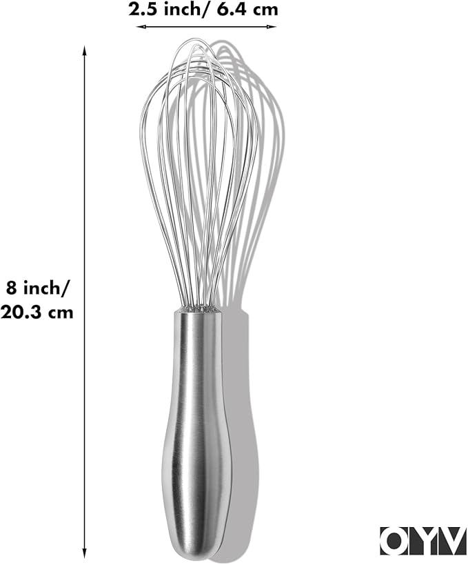 OYV 8" Whisk, Ergonomic Handle, Dishwasher Safe 18/10 Stainless Steel Whisk, Professional Kitchen Metal Wisk, Perfect for Whisking, Blending, Beating, and Baking