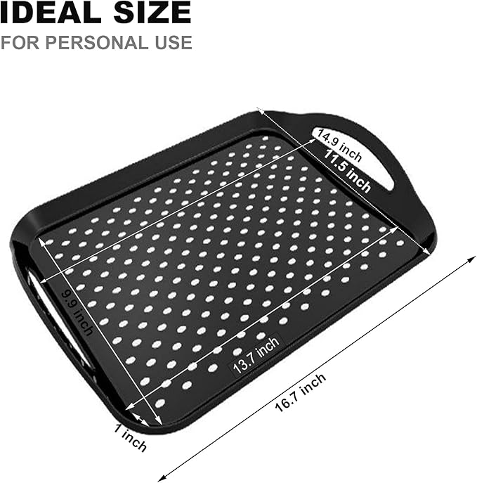 ECOIOU Non Slip Food Serving Tray with Handles, 2-Pack Rectangle Anti-Slip Non-Toxic Dishwasher Safe Tray for Snack Fruit Dessert Breakfast Drink,Black