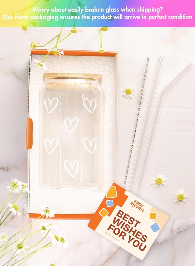 NewEleven Mother Day Gift For Her - Cute Glass Coffee Cups With Lids And Straw – Aesthetic Cups – Iced Coffee Cup, Coffees Tumbler – Gifts For Women, Friends, Coffee Lover - 16 Oz Coffee Glass
