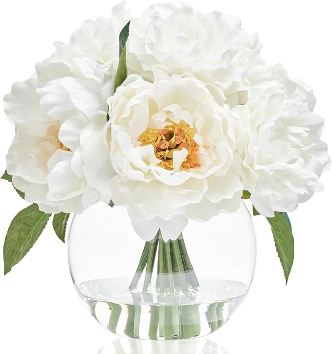 WELL KNOWN Artificial Flowers in Vase, Silk White Peonies Flowers with Glass Vase & Faux Water, Fake Flower Arrangement for Home Table Centerpieces Spring Wedding Party Decor Mom's Birthday Gift