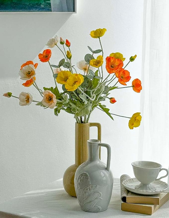 Poppy Artificial Flowers and Eucalyptus Stems, Fake Orange and Yellow Champagne Flowers, Silk Flowers Arrangement for Wedding Party Farmhouse Home Office Table Centerpieces Decoration