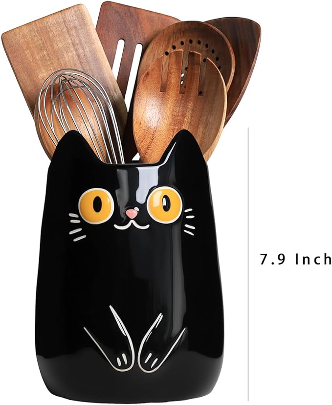 SOCOSY Black Cat Ceramic Kitchen Utensil Holder For Countertop, Cooking Utensil Crock Holder Spatula Holder
