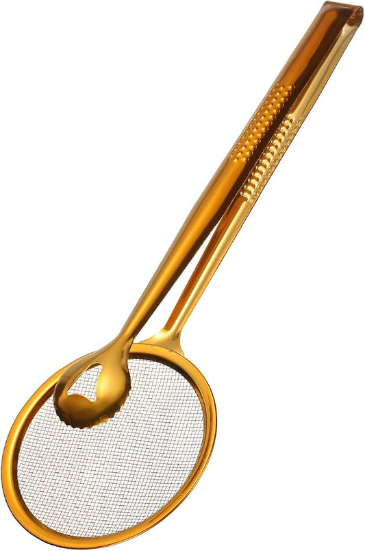 uxcell Stainless Steel Strainer Tongs, 11.2" Multi-Functional Food Strainer with Clip Fine Mesh Oil Filter Skimmer Hot Pot Clips for Kitchen Tool Restaurant Frying Cooking, Red