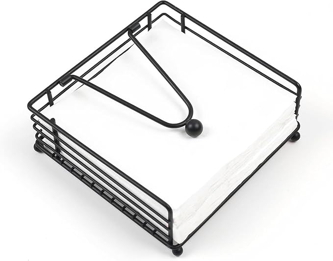 Flat Napkin Holder for Table Countertop, Modern Decorative Square Paper Napkin Organizer Dispenser with Weighted Arm for Kitchen Dining Table Restaurant (7'' x 7''x 2.75'', Matte Black)