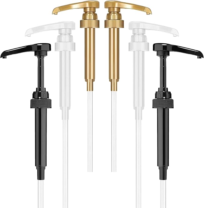 Premium Syrup Pump Compatible w/Torani 750 ml Bottle, Davinci Syrups - No Spill, No Clog Syrup Pump Dispenser for Vanilla, Snow Cone, Coffee Flavoring & More (Pack of 6, Black, White & Gold)