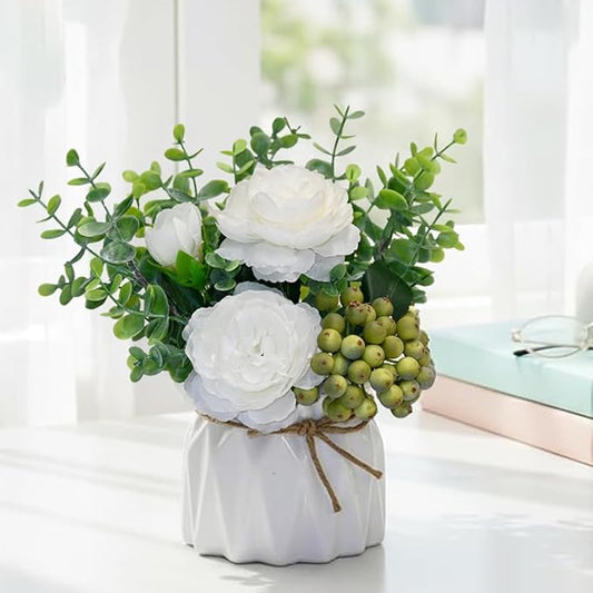 LADADA White Artificial Flowers with White Vase for Table Centerpiece Home Decor