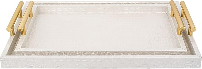 Set of 2 Modern Elegant Large Wood Serving Tray, Rectangle Decorative Tray Ottoman Tay Coffee Table Tray, Pearl White Crocodile Leather with Gold Polished Metal Handles