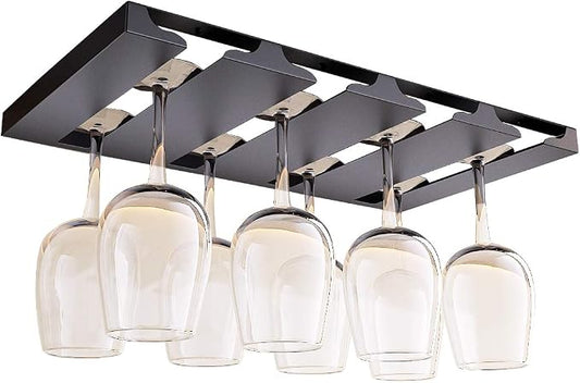 Wine Glass Holder Under Shelf or Cabinet, Stainless Steel 16.5 Inch Stemware Rack, Glassware Drying Hanger, Metal Hanging Organizer for Bar Restaurant, Matte Black, 4 Row