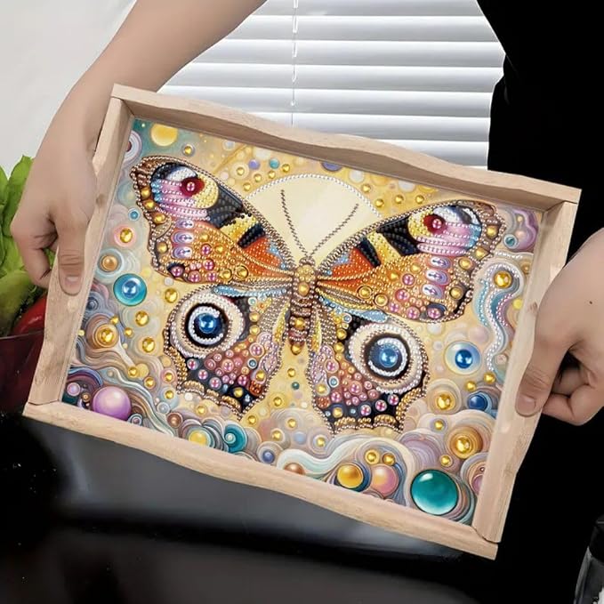 DIY Diamond Serving Tray Rectangular Breakfast Tray with Handle Handmade Diamond Art Painting Wooden Tray for Dinner Plate Coffee Room Living Home Organizer-Butterfly