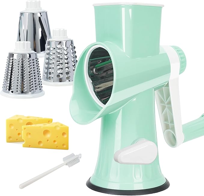 Cheese Grater with Handle,Multifunctional Rotary Cheese Grater,Kitchen Cheese Shredder Can Easily Chop Vegetables,Potatoes,Carrots,Etc.The Suction Cup is Stable and Easy to Clean (light green)