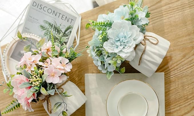 TKAS Fake Flowers Arrangement in Ceramic Vase, Artificial Faux Silk Roses & Hydrangea, Small Realistic Dried-Style Floral Dining Table Centerpiece for Wedding Party Home Decoration (Blue)
