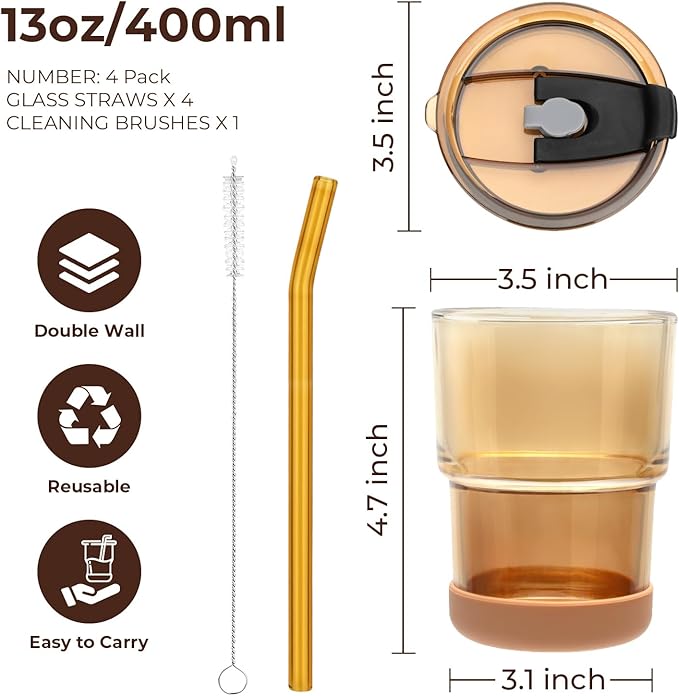 13 Oz Glass Cups with Lids and Straws, Reusable Iced Coffee Water Tumblers, Sealed Carry-On Thick Wall Drinking Cups for Cold Brew, Smoothie,Juice (4 Pack-Amber)