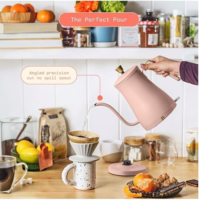Beautiful Electric Gooseneck Kettle, 1 Liter, 1200W, Stainless Steel Interior, Fast Boil, Precision Pour Spout, Auto Shut-Off & Boil-Dry Protection (Pink)