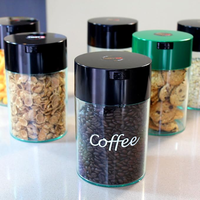 CoffeeVac 1LB – Patented Airtight Container | Multi-use Vacuum container works as smell proof containers for ground coffee and coffee bean containers. Black Logo