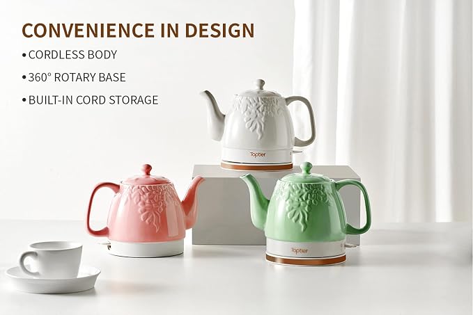 Toptier Electric Ceramic Tea Kettle, Boil Water Quickly and Easily, Detachable Swivel Base & Boil Dry Protection, Carefree Auto Shut Off, 1 L, White Leaf