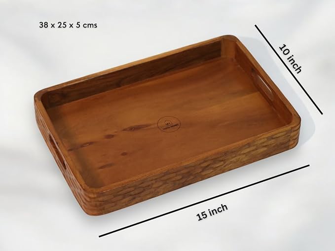 Vesta Homes Acacia Wood Serving Tray for Home/Kitchen/Restaurant/Office Organizer/Dining Table | Premium Serving Trays | 38 x 25 x 5 cm | Handcrafted in India