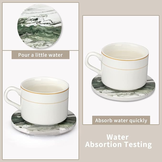 6 Pcs Green Ceramic Coasters with Holder Round Cool Drink Best Modern Absorbent Coaster Set for Coffee Table, Art Decorative Coasters, Bar, Farmhouse, Outdoor Cup Coaster Gifts