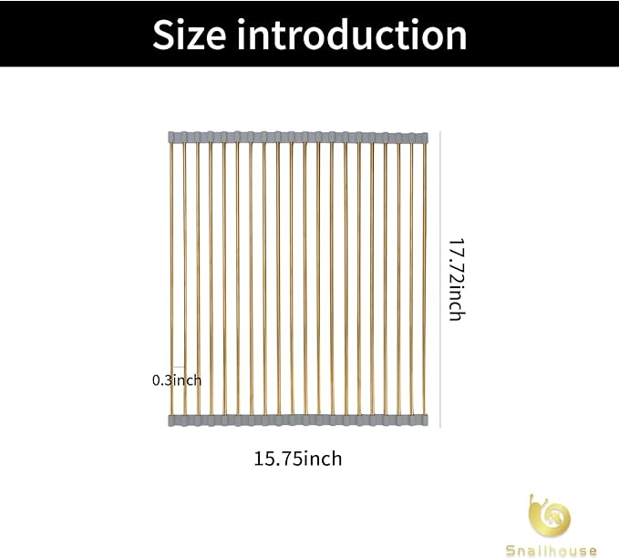 Snailhouse Roll Up Dish Drying Rack, Stainless Steel Dish Drainer Over The Sink with Anti-Slip Silicone for Kitchen Counter, Gold (17.8 x 15.7 in)