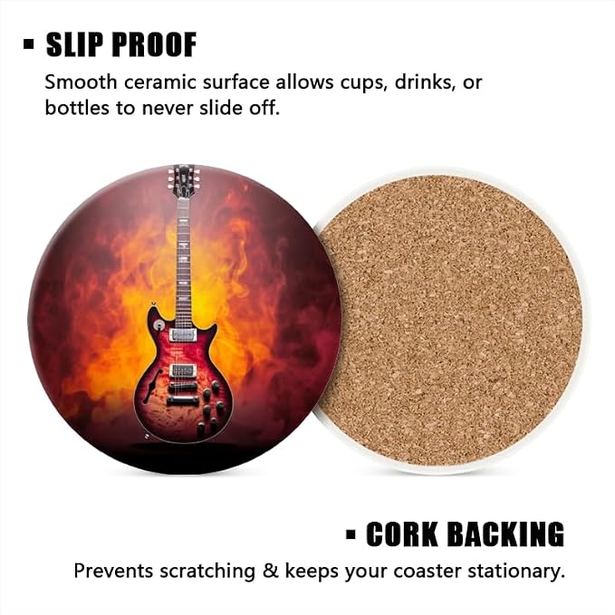 Round Ceramic Stone Cork Drink Coasters, Red and Black Guitar with Flames Absorbent Removable Non-Slip Cup Mat Place for Kitchen Counter Drinks Coffee Cup Tableware Set of 1 (4 * 4 Inch)
