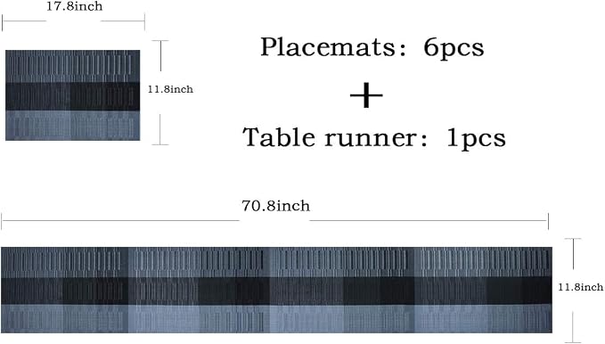 Placemats for Dining Table Washable Easy to Clean PVC Table Runner Placemat (1 Table Runner and 6 Placemats, Black)