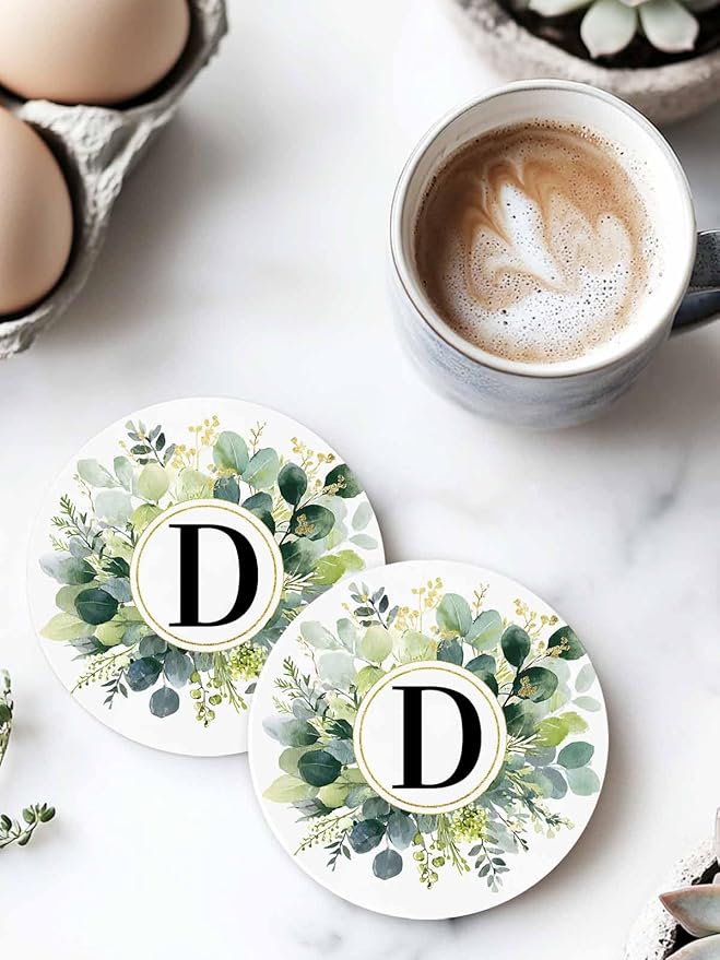Coasters Set of 4 Letter D Drink Coasters with Holder Absorbent Stone Ceramic Cup Mat Alphabet Green Eucalyptus Leaves Coaster for Drinks Coffee Bar Office Kitchen Cafe Home Decor