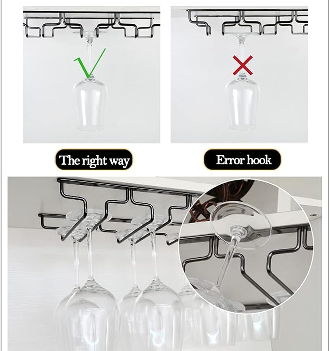 Black Wine Glass Rack - Under Cabinet Stemware Rack, Holds up to 14 Glasses, Hanging Stemware Holder, Stainless Steel Glasses Storage Hanger for Home Kitchen Bar