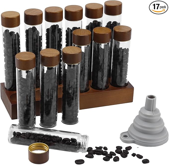 Single Dose Coffee Bean Storage Tubes, 12 Pcs Coffee Container Set 60ml &80ml Glass Small Coffee Bean Jar with Wooden Lids, Walnut Stand, Foldable Silicone Funnel & Labels