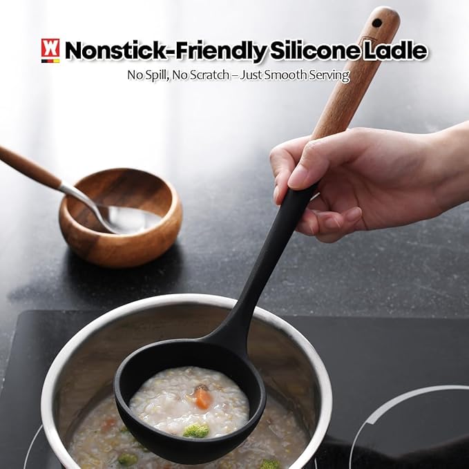 Cooking Ladle: Silicone Kitchen Utensil with Long Wooden Handles, Heat Resistant Cookware, Protects Surfaces with Gentle Head Design, Portion Batter, Professional Chef Wok Soup Ladle