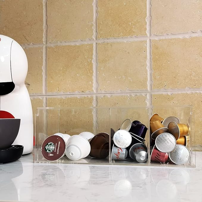 RR RAXMIN Coffee Capsule Holder Acrylic Box K Cup Holder Coffee Pod Storage Clear Acrylic 4 Compartment with Lid Organizer Coffee Bar Accessories