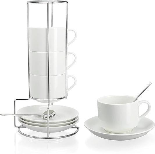 3 Ounce Espresso Cups Set of 4, Stackable Demitasse Mugs, Includes Display Stand, Cups Saucers, and Spoons, for Machines & Home Use, White Silver Tone