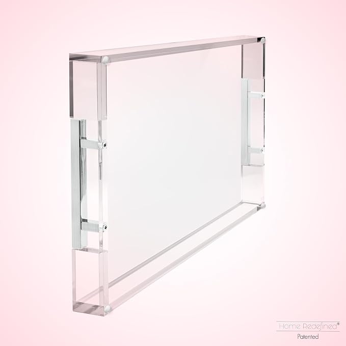 Modern 16"x12" Rectangle Acrylic Lucite Plastic Decorative Serving Tray with Silver Stainless Steel Metal Handles for Home Decor Ottoman Coffee Table Food Fruits Lap Vanity Perfume By Home Redefined