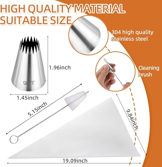 3Pcs Large Churro Piping Tips and Bags Set,9FT Pastry Tips with 30PACK 18Inch Large Piping Bags Disposable for churros maker,French Star Piping Tips for Eclairs,Butter Cookies,Cupcake Decorating tips