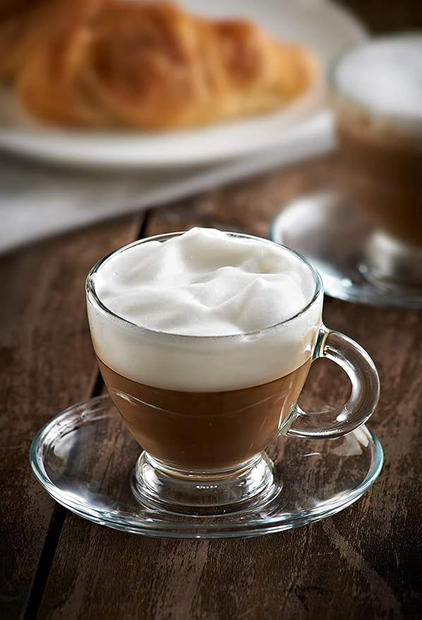 BOHEM'S Espresso Cups, 3.2-Ounce. Small Demitasse Clear Glass Espresso Drinkware, Set Of 2 Cups, Saucers and Stainless Steel mini Spoons, Hostess, Coffee Lover/Enthusiast (clear)