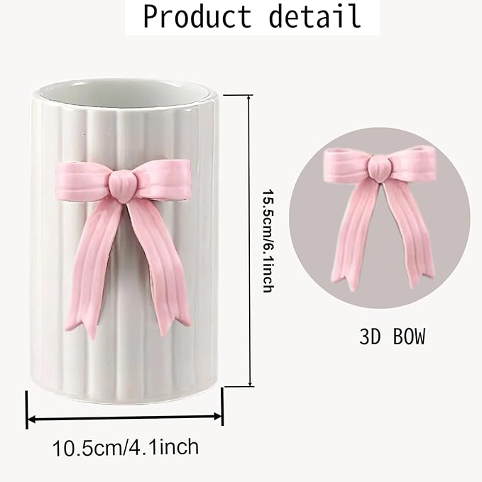 Handmade Pink Bow Ceramic Utensil Holder, 3D Coquette Cooking Utensil Crock with Scalloped Edge, Stable & Easy to Clean Kitchen Storage Caddy Organizer Vase Decor for Countertop Housewarming Gift