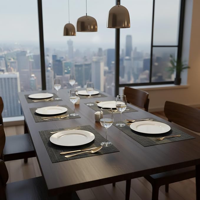 Placemats Set of 4 Vinyl/Plastic Woven Place Mats Washable and Durable Non-Slip Table Mats for Kitchen Dining Table Decoration Indoor/Outdoor (Black, 4)
