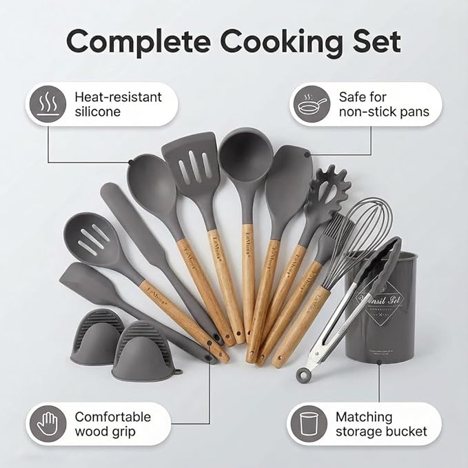 Silicone Cooking Utensils Set, Kitchen Utensils for Cooking with Holder, Wooden Handle Silicone Utensils Spatula Set, Heat Resistant, BPA Free, Non Toxic Kitchen Gadgets, Gray