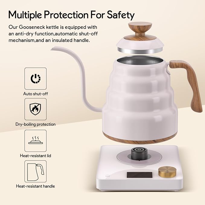 Electric Gooseneck Kettle, 30oz/0.9L Intelligent Temperature Control, Quick Heating, 304 Stainless Steel for Pour Over Coffee, Brew Tea, Boil Hot Water, 1000W （White）