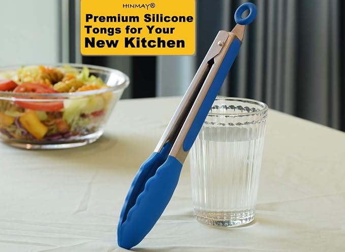 HINMAY 9-Inch Cooking Tongs with Silicone Tips, Set of 3 (Blue)