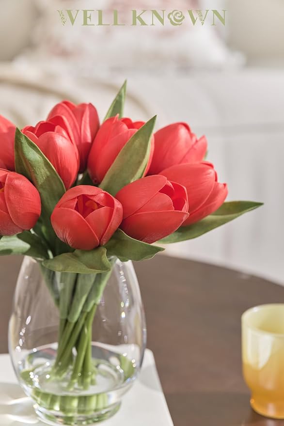 WELL KNOWN 12 Pcs Fake Red Tulips Artificial Flowers in Vase with Faux Water, Real Touch Foam Tulips Arrangements with Vase for Home Office Decor, Dining Table Wedding Centerpiece (Coral Red)