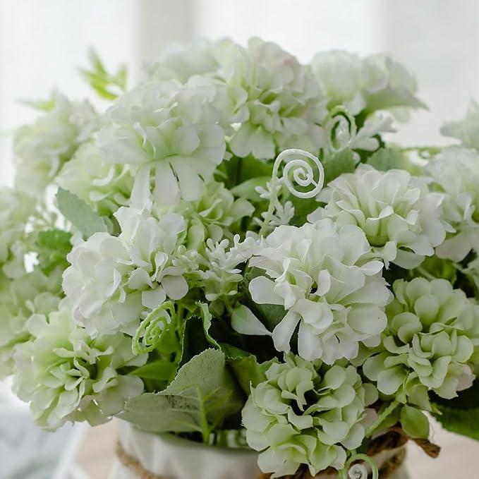 TKAS Fake Flowers Arrangement in Ceramic Vase, Artificial Faux Silk Hydrangea, Small Realistic Dried-Style Floral, Dining Table Centerpiece for Wedding Party Home Decoration (Green)