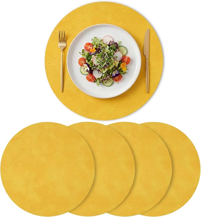 Artoid Mode Yellow Faux Leather Placemats Set of 4, 15 Inch Waterproof Wipeable Heat Resistant Vinyl Place Mats, Reversible Table Mats for Summer Kitchen Dining Decor