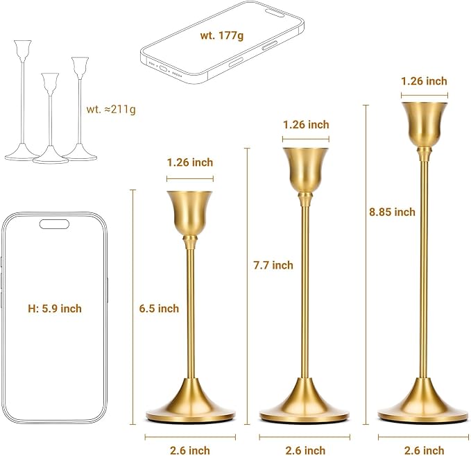 Tifanso Taper Candle Stick Holder - 3PCS Brass Gold Pillar Tall Candlestick Holders Metal Vintage Decor Dinner Table Dining Room Centerpieces Decorations for Wedding Fireplace Mantel Housewarming Gift