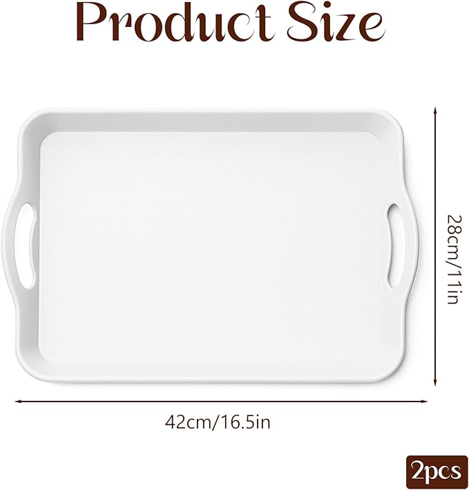 Set of 2 Large White Melamine Serving Tray with Handles, Rectangular Outdoor Dinner Tray Plastic Fruit Serving Platters Trays for Eating, Appetizer, Charcuterie, Snack, Fruit, Desserts, Food Parties