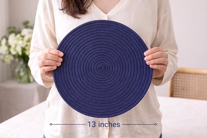 Round Placemats Set of 6 with Basket, 13" Cotton Woven Table Mats, Non-Slip Heat-Resistant, Washable Dining Chargers, Kitchen Hot Pads, Farmhouse Décor, Wedding & Holiday Use (Blue)