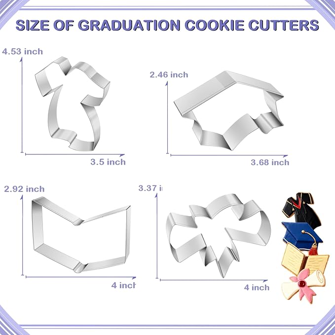Graduation Cookie Cutters Set 4 Pieces, Stainless Steel Graduation Cap, Diploma, Graduation Gown, Cookie Cutters for Graduation Celebration Party