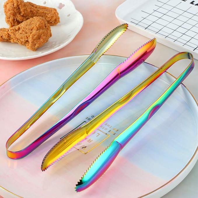 Stainless Steel Cooking Tongs for Frying, 9 Inches Serving Tongs Appetizers Charcuterie with Teeth for Parties, Food Tongs Kitchen Tongs for Nonstick Cookware, Set of 2 (Rainbow)