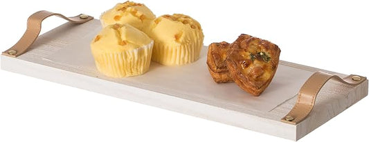 Decorative Acacia Wood Rectangular Serving Tray with Brown Leather Handles, Wooden Ottoman Tray for Living Room, Large Wood Tray for Coffee Table, Kitchen Counter, Couch